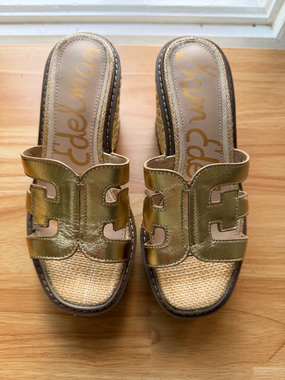 Delman Metallic Gold Open-Weave Wedge Heel